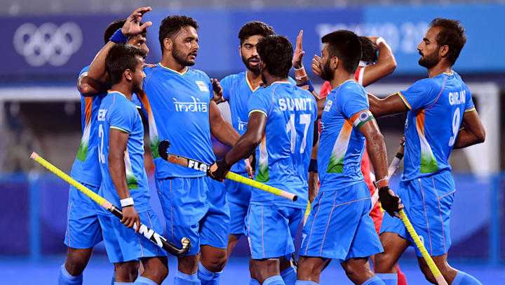 Indian men's hockey team members during their match with Great Britain at Tokyo Olympics ?